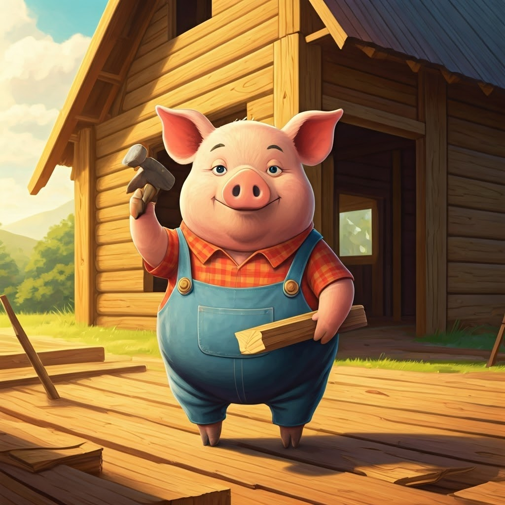 The middle pig, proud, holding a hammer and a piece of wood in front of a partially-built wooden house