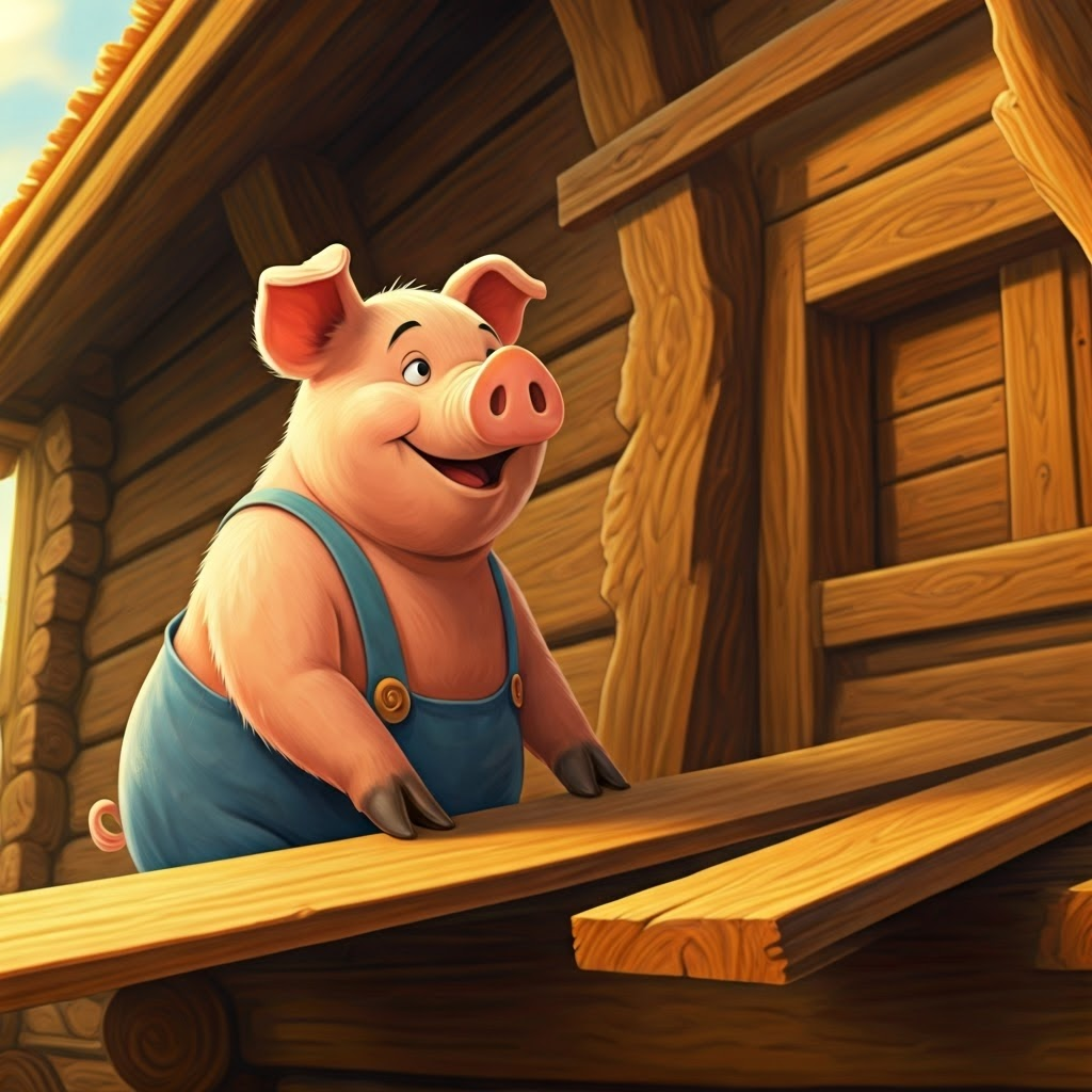 The middle pig hammering a wooden plank to the roof of his wooden house as A plump, rosy-cheeked pig with a warm smile and kind eyes watches with a smile