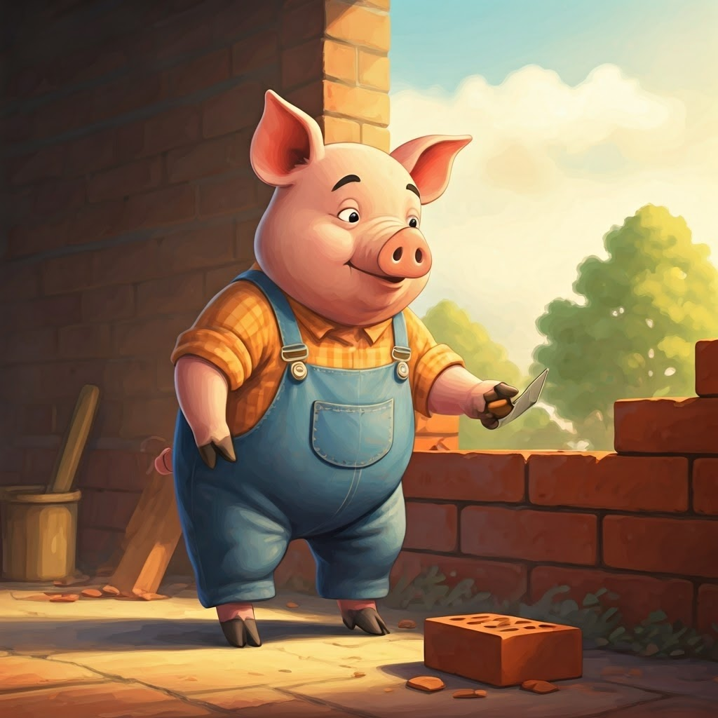 The oldest pig, wearing overalls, laying a brick on a wall with a trowel, building a brick house