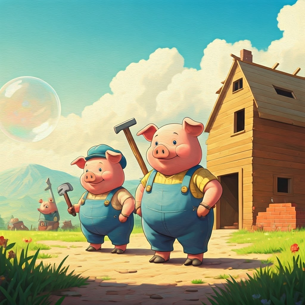 The three little pigs, each holding tools, standing in front of their unfinished houses: a bubble house, a wood house, and a brick house