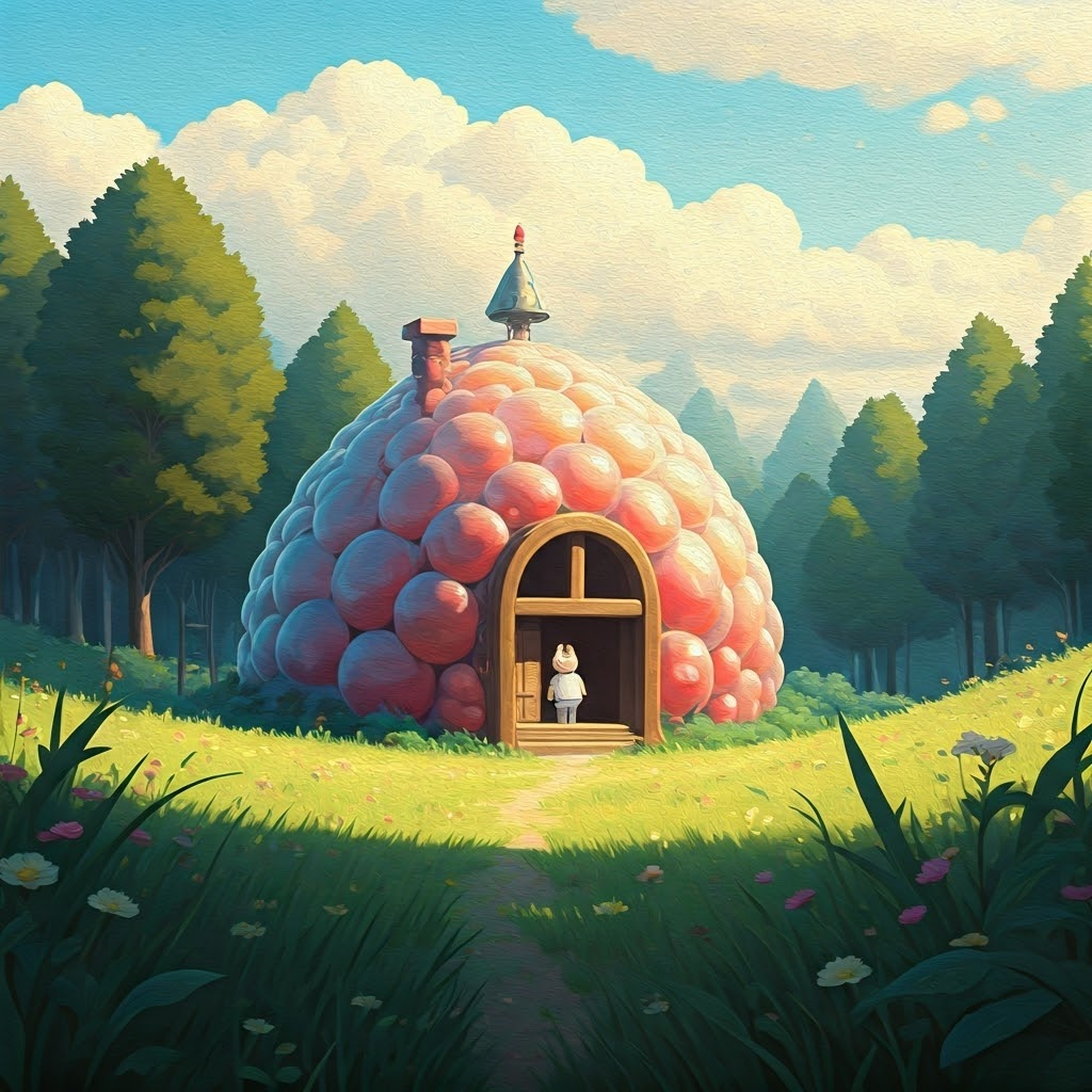 The littlest pig's house, made entirely of colorful, shimmering bubbles, looking beautiful but fragile