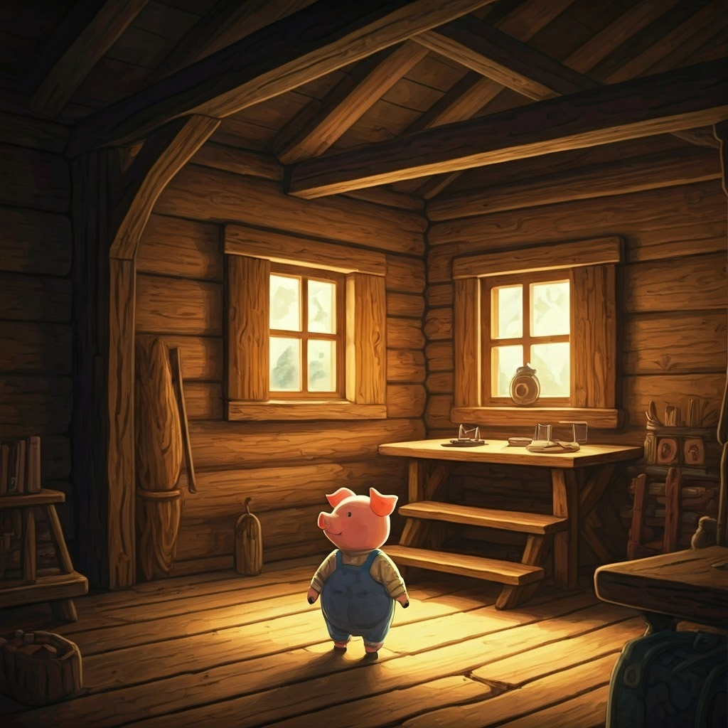 The middle pig's wooden house, cozy and smelling of pine, with sunlight streaming through the windows