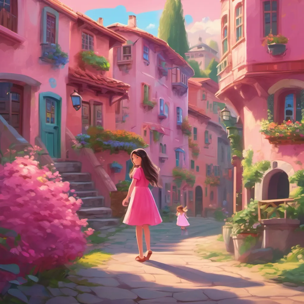 A whimsical town with colorful houses and a A young girl with long wavy hair, wearing a bright pink dress full of playful joy in a bright pink dress standing in front of them.