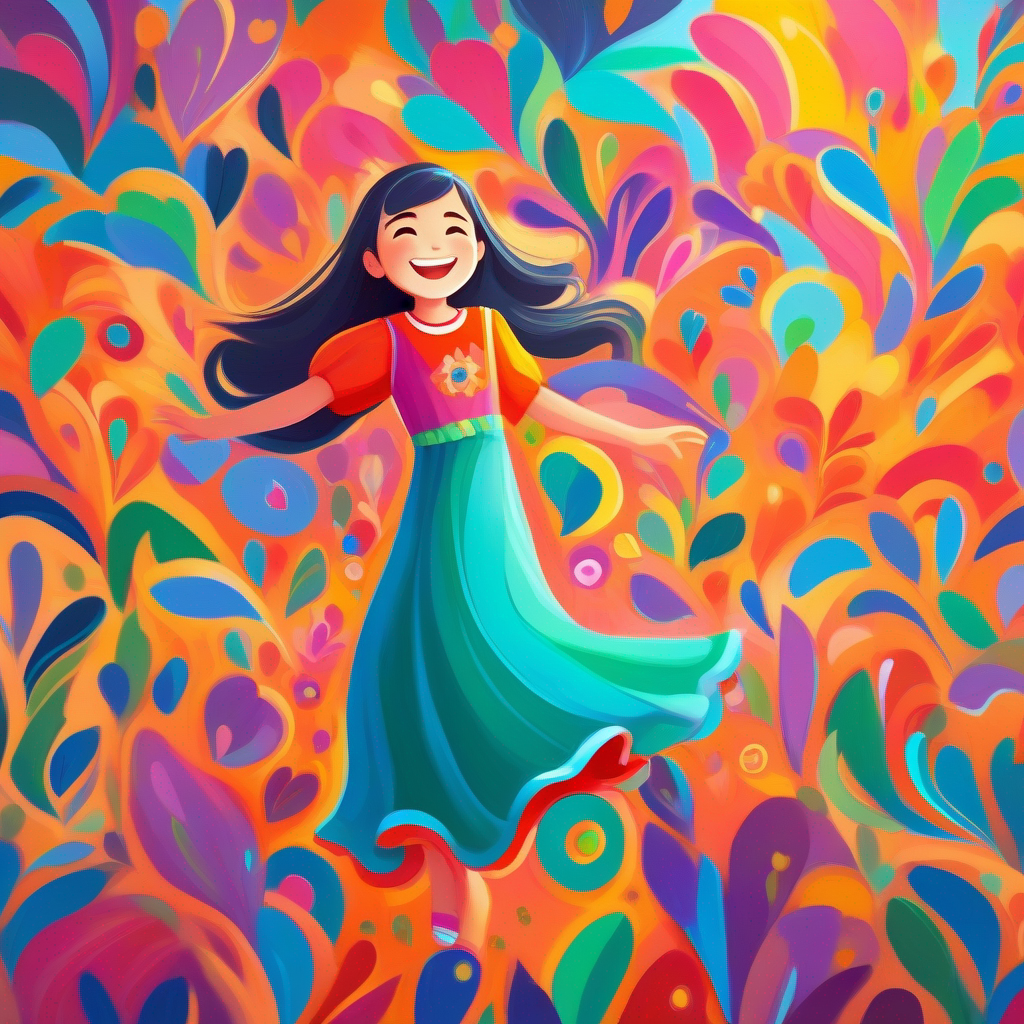 Lily - kind-hearted girl with a big smile and flowing colorful dress. with her loving parents, vibrant colors and joyful expressions.