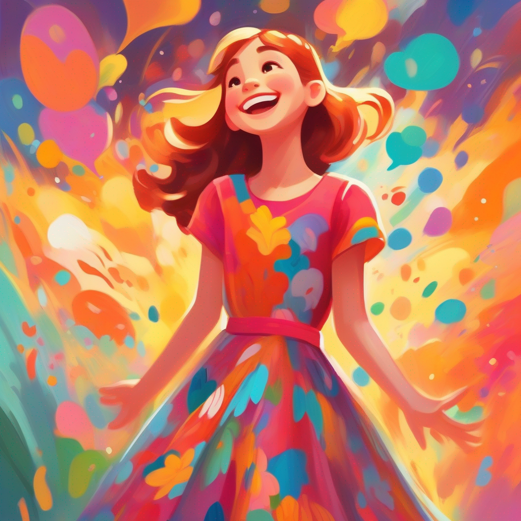 Lily - kind-hearted girl with a big smile and flowing colorful dress. talking and smiling with her parents, bright colors and speech bubbles.