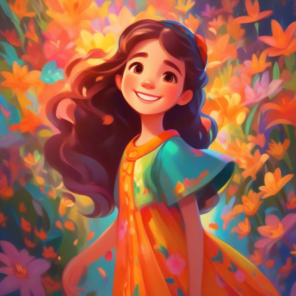 Lily - kind-hearted girl with a big smile and flowing colorful dress., her parents, and her biological parents, warm colors and understanding expressions.