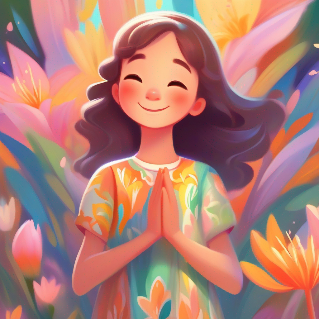 Lily - kind-hearted girl with a big smile and flowing colorful dress. praying with gratitude, soft colors and peaceful atmosphere.