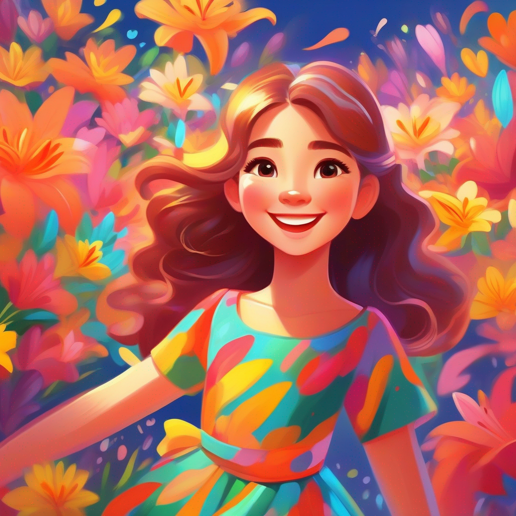 Lily - kind-hearted girl with a big smile and flowing colorful dress. saying 'thank you' to her friends, vibrant colors and smiling faces.