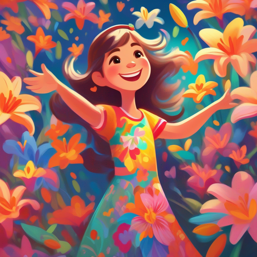 Lily - kind-hearted girl with a big smile and flowing colorful dress. sharing her story with friends, cheerful colors and inspired expressions.
