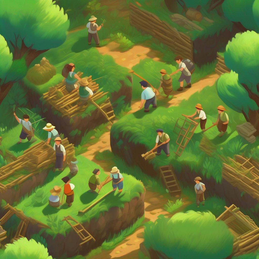 Villagers working together, building traps, green and brown colors