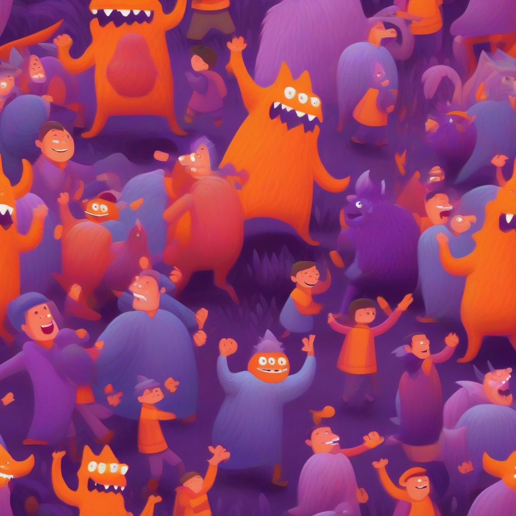 Villagers outsmarting the monster, victory, orange and purple colors