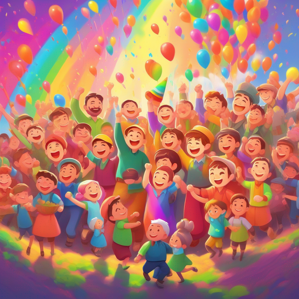 Happy villagers, celebration, rainbow colors