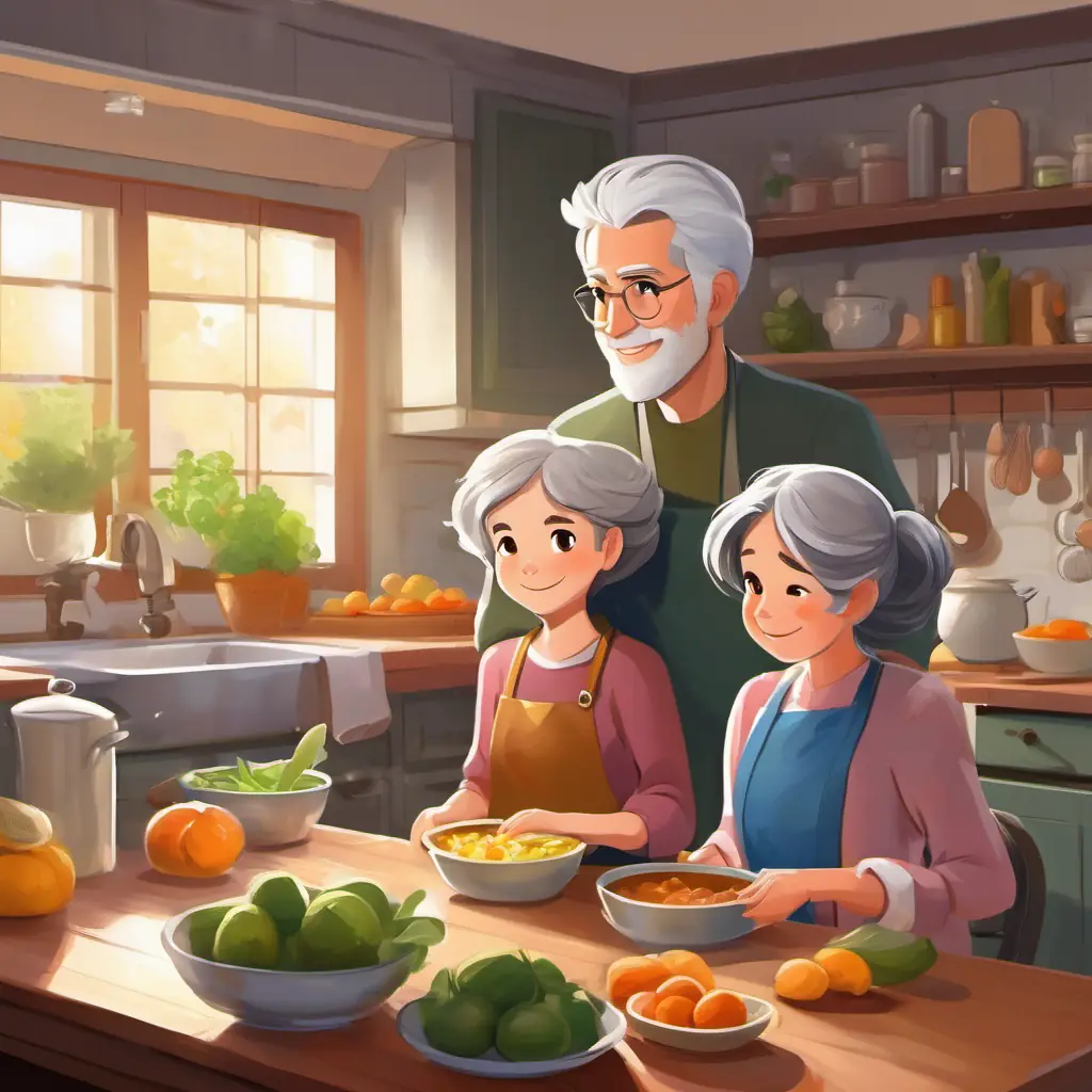 Gray hair, kind eyes, warm and nurturing and Brown hair, hazel eyes, energetic and caring discussing healthy foods, warm family kitchen setting.