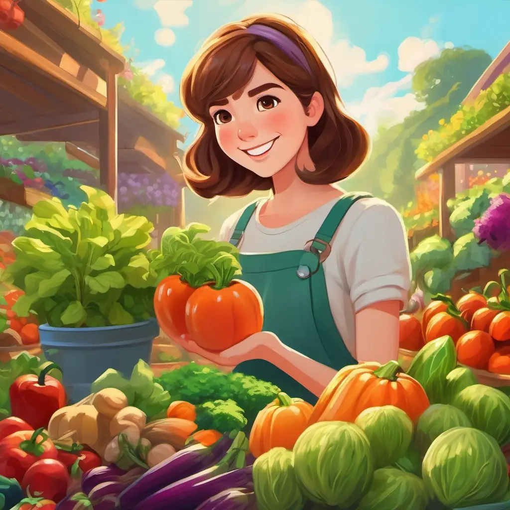 Brown hair, hazel eyes, energetic and caring planting a garden, colorful veggies, joyful and content setting.