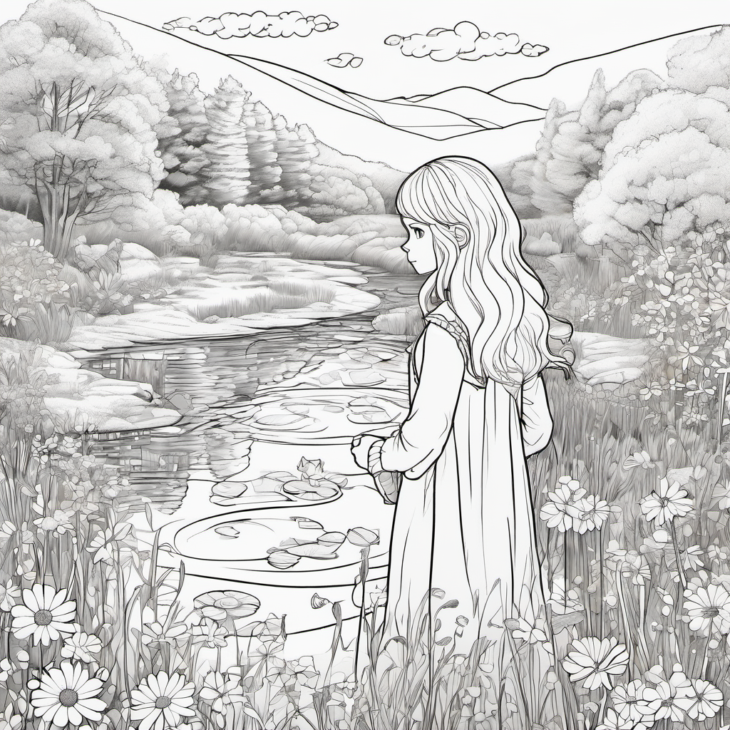 A beautiful meadow surrounded by colorful flowers, where Golden hair, sky-blue eyes, and fair snow-white skin Most beautiful! stands looking at his reflection in a calm pond.