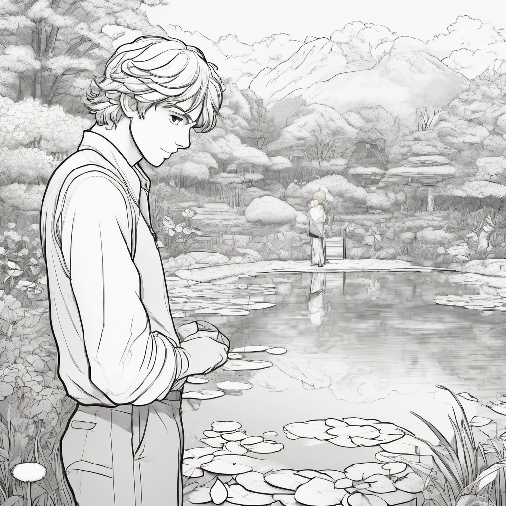 Golden hair, sky-blue eyes, and fair snow-white skin Most beautiful! standing near the pond, lost in his own reflection, while people surround him, yearning for his attention.