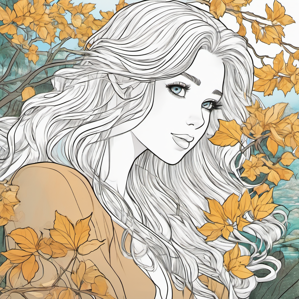Long flowing hair like autumn leaves, sparkling emerald eyes, and warm tan skin In love with Narcissus hiding behind a tree, admiring Golden hair, sky-blue eyes, and fair snow-white skin Most beautiful! from a distance, with unrequited love in her eyes.