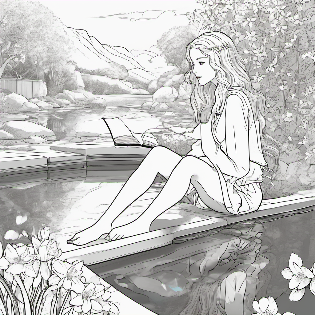 Golden hair, sky-blue eyes, and fair snow-white skin Most beautiful! sitting by the pool, reaching out to touch the reflection of As beautiful as Narcissus, golden hair, and sky-blue eyes Represents Narcissus' longing, with a mix of longing and realization on his face.