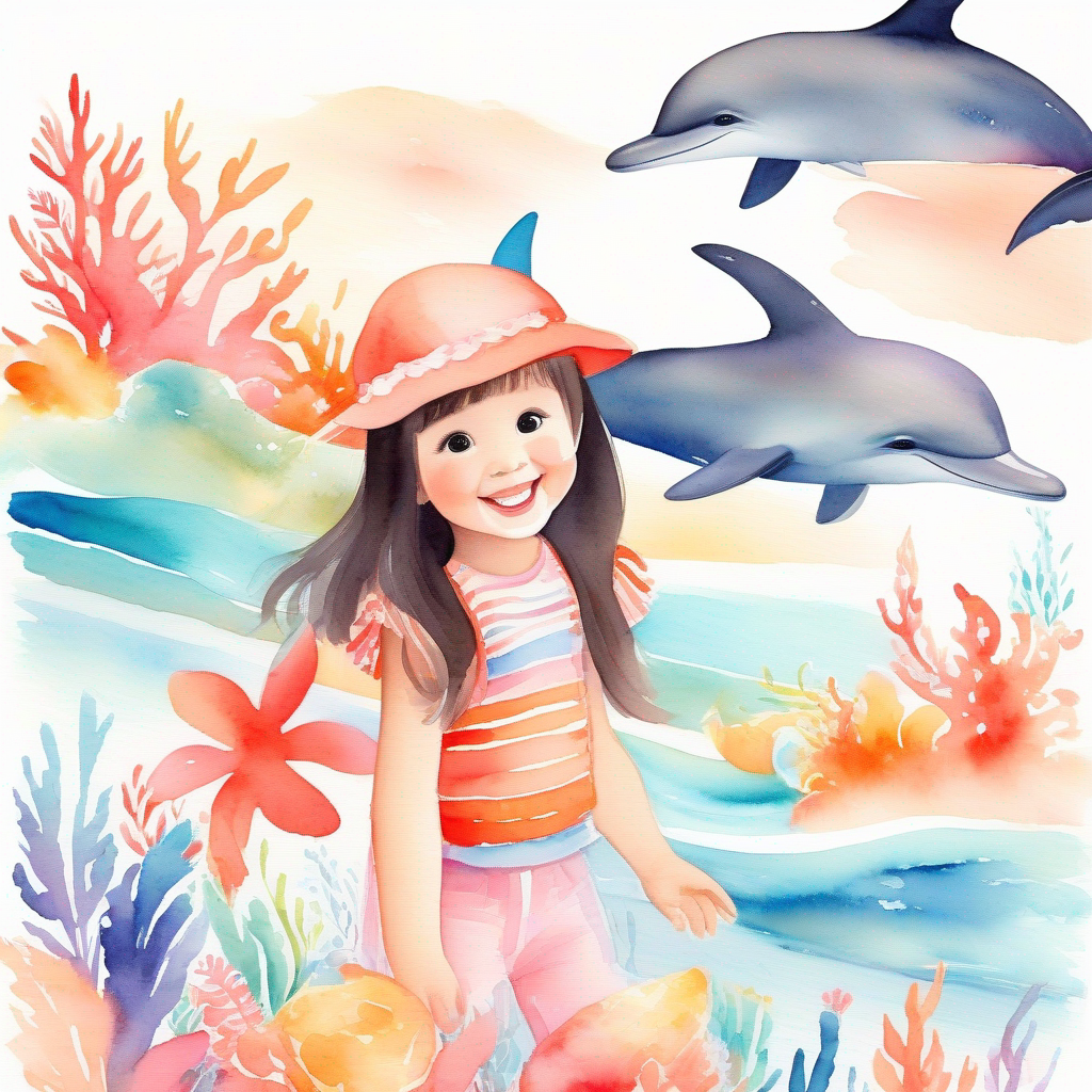A little girl with dark hair and a friendly smile. on the beach with colorful coral reefs and dolphins.