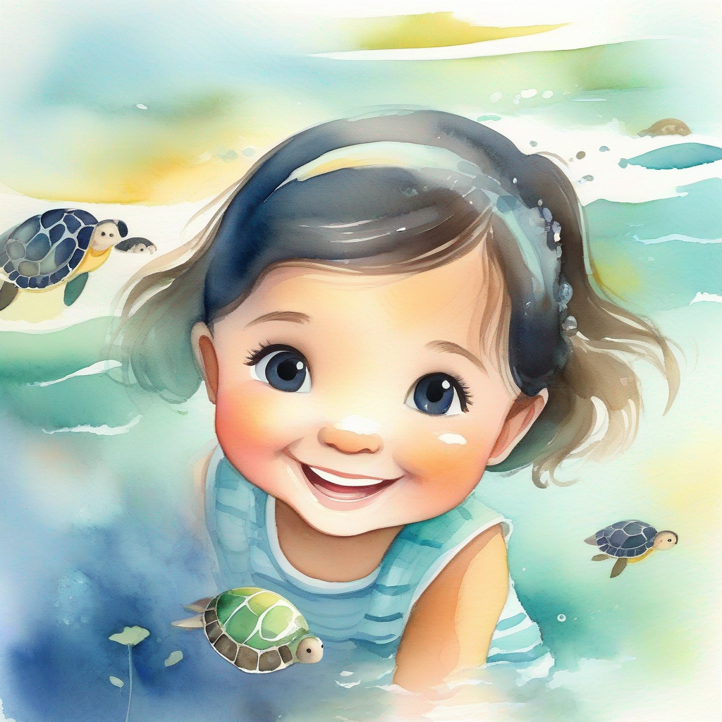 A little girl with dark hair and a friendly smile. helping turtles to hatch and swim to the sea.