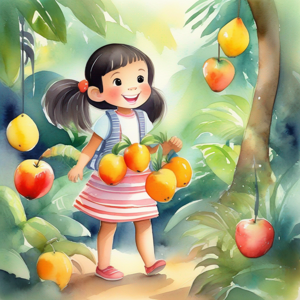 A little girl with dark hair and a friendly smile. leaving fruits for the monkeys in the rainforest.