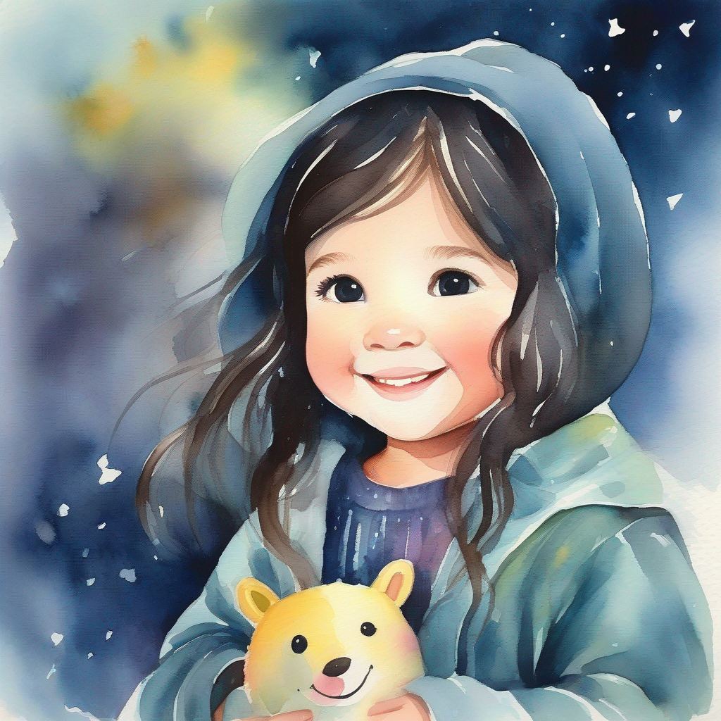 A little girl with dark hair and a friendly smile. helping families in the stormy night with blankets and toys.