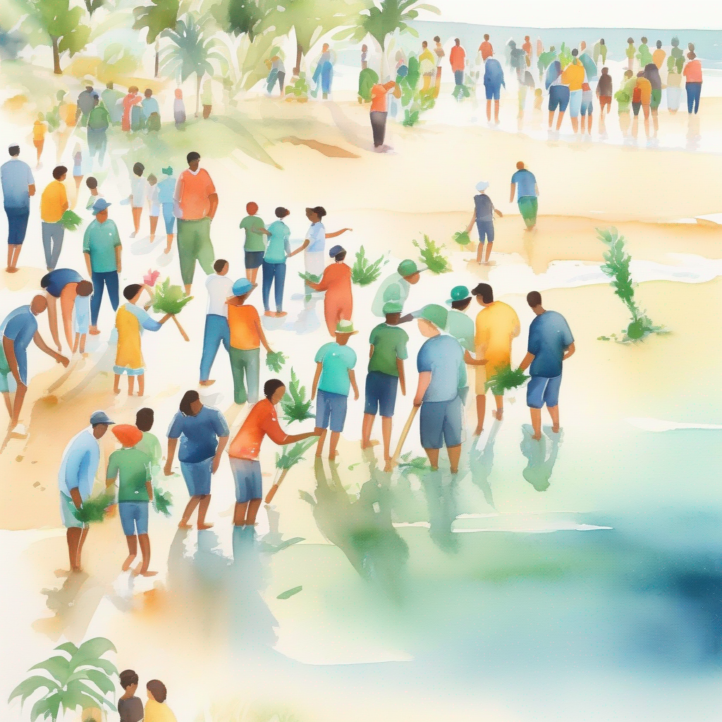 People coming together to clean beaches and plant trees.