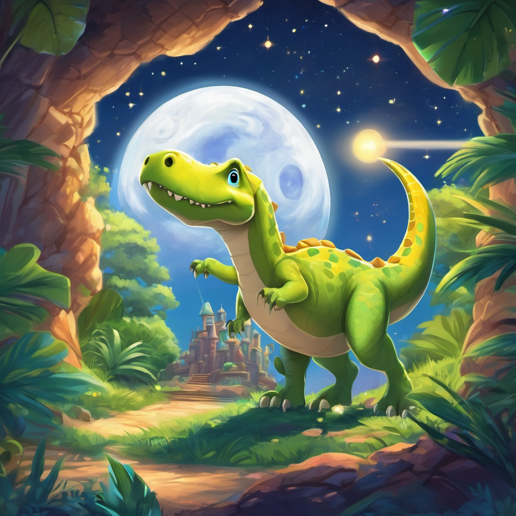 Once upon a time in a land far far away, there lived a little dinosaur named Dino. Dino loved to play and explore, but he had always dreamt of going on an extraordinary adventure. One sunny day, he looked up at the sky and noticed a sparkling shooting star. "I wish I could visit all the planets in space and learn about them," whispered Dino with excitement. The following night, as Dino snuggled up in his cozy nest, he heard a soft whisper coming from outside his window. "Dino, my friend, I can help make your wish come true," said a magical voice. Dino peeked outside and couldn't believe his eyes – a magical spaceship was floating right in front of him!