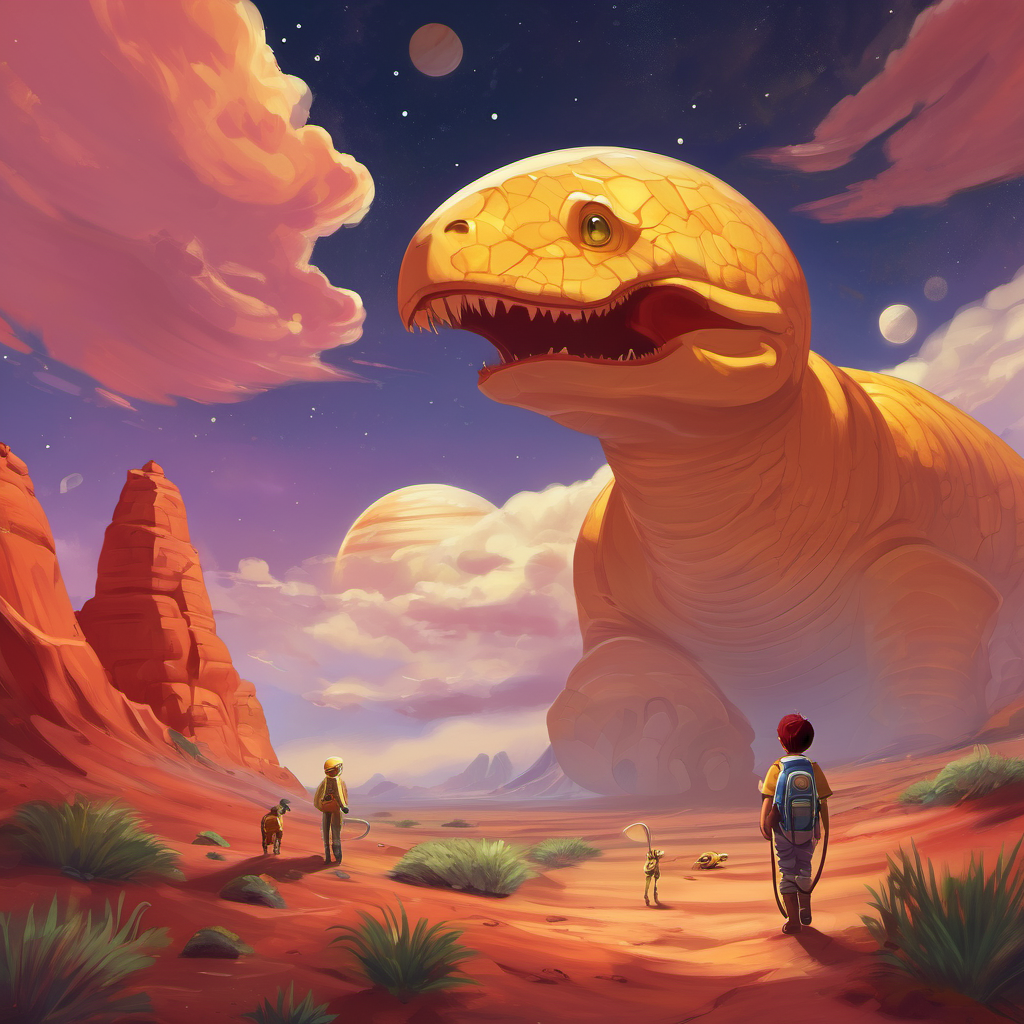 Next, they zoomed towards Venus, the bright and cloudy planet. As they approached, Dino saw swirling yellow clouds covering the planet's entire sky. "Venus is just like a big fluffy marshmallow, isn't it?" chuckled Dino as he squeezed his tiny claws together. Their journey continued, and they stopped at Mars, aptly named the red planet because it seemed covered in rusty sand. "Look, Dino! Mars is the planet where scientists think they might find lost alien friends one day!" said Stella with a wide smile.