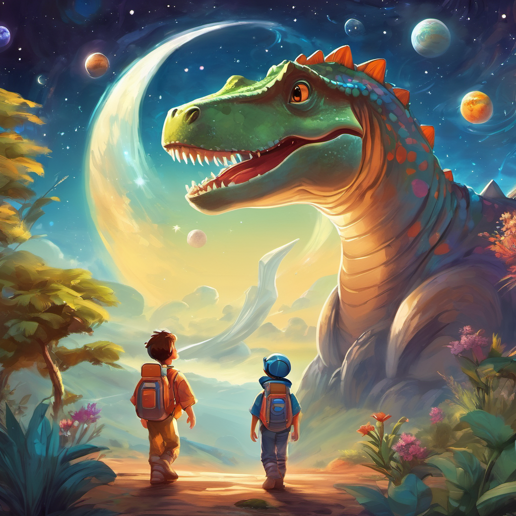 With heads full of knowledge, Dino and Stella returned to Earth, their magical journey through the planets at an end. "Thank you, Stella, for taking me on this amazing adventure! Now I can tell all my friends about the wonders of space," said Dino, filled with gratitude. Stella embraced Dino with a warm smile. "Remember, Dino, the universe is vast and always full of new discoveries. Keep exploring, keep learning, and always follow your dreams."