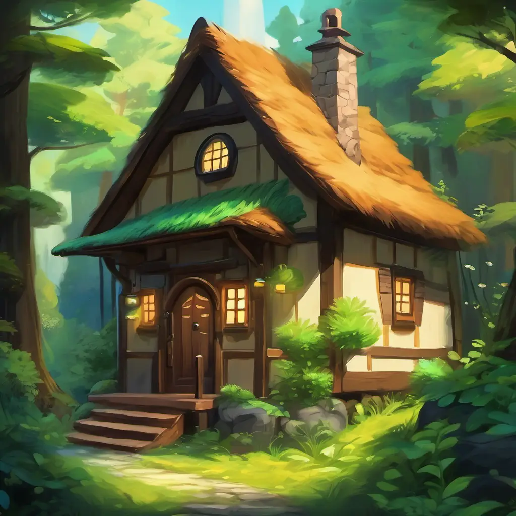 The story begins in a cozy little house in the forest with Tiny creature, soft brown fur, twinkling eyes and Big and fluffy with sleek black fur, sharp green eyes, showcasing their physical appearance and setting.