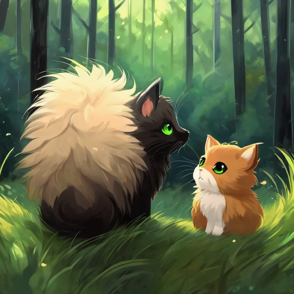 A stormy morning sets the scene for the turning point in their relationship. Tiny creature, soft brown fur, twinkling eyes is trapped outside and Big and fluffy with sleek black fur, sharp green eyes feels compassion towards its plight.