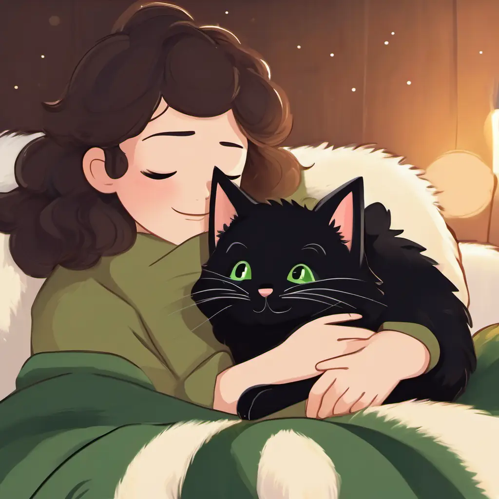Big and fluffy with sleek black fur, sharp green eyes rescues Tiny creature, soft brown fur, twinkling eyes and they find solace together under a cozy blanket, revealing their newfound friendship.