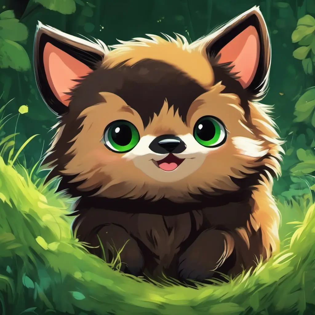 Tiny creature, soft brown fur, twinkling eyes and Big and fluffy with sleek black fur, sharp green eyes embark on joyful adventures, highlighting their unique qualities and celebrating their unbreakable friendship.