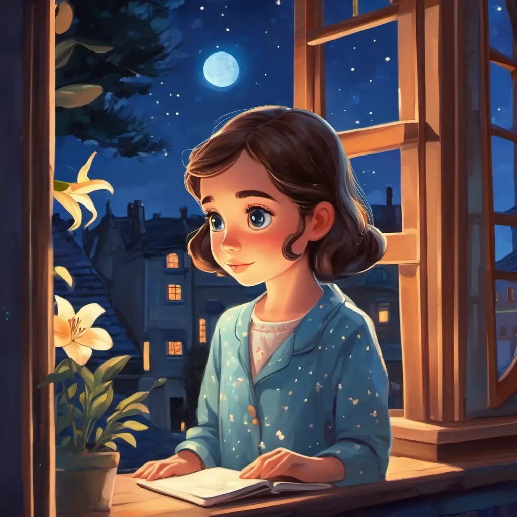 Lily - a smart and curious girl with brown hair and twinkling blue eyes putting on pajamas. Window with moonlight outside. Town with houses and trees.