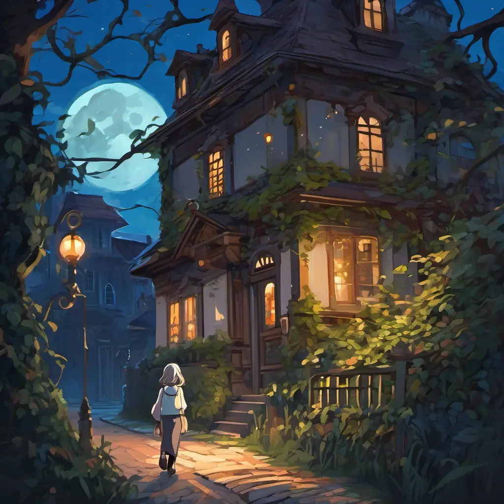 Lily - a smart and curious girl with brown hair and twinkling blue eyes walking down the street in moonlight. Old, spooky house with broken windows and wild vines around it.