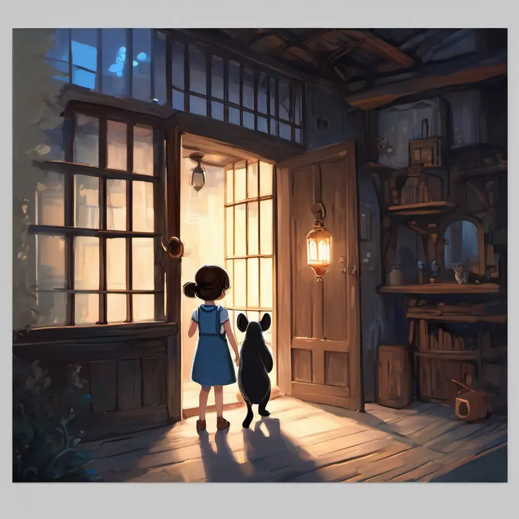 Lily - a smart and curious girl with brown hair and twinkling blue eyes holding a flashlight, walking through dark, dusty rooms of the old house. Mouse - a tiny creature with soft grey fur and bright black eyes in a cage, looking scared.