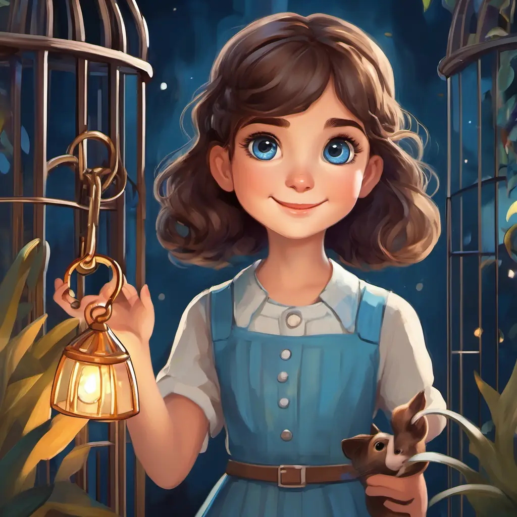 Lily - a smart and curious girl with brown hair and twinkling blue eyes holding a key, unlocking the cage. Mouse - a tiny creature with soft grey fur and bright black eyes running away, Lily - a smart and curious girl with brown hair and twinkling blue eyes smiling.
