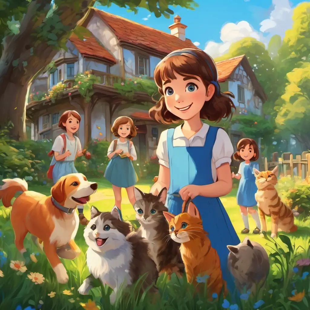 Lily - a smart and curious girl with brown hair and twinkling blue eyes and other children playing with animals in front of the house. Smiling faces all around.