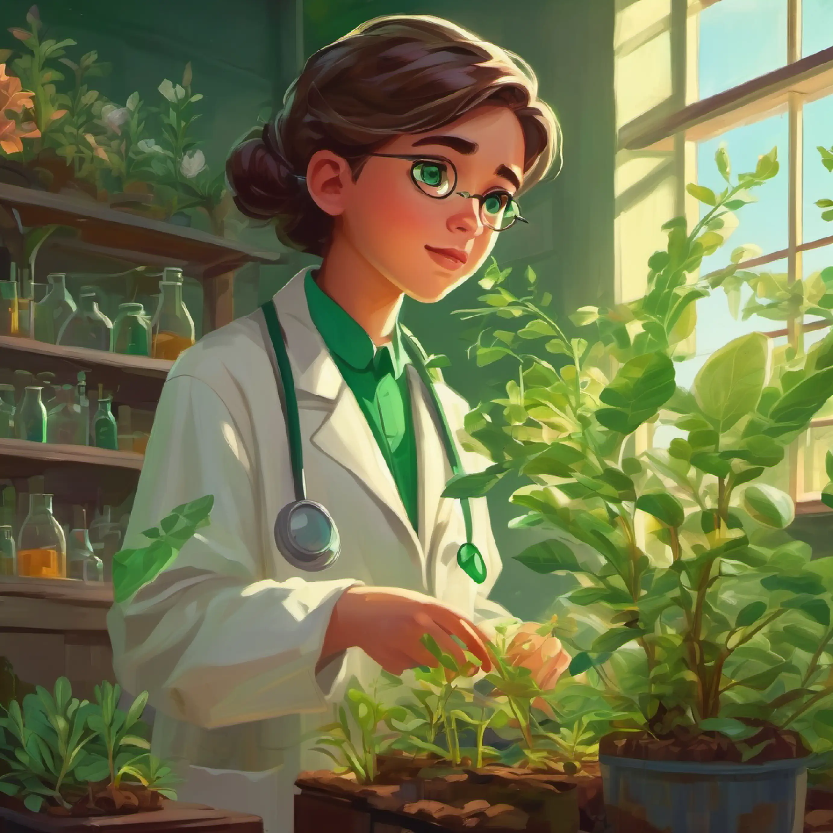 Young botanist, emerald eyes, curious and determined, wears protective laboratory coat's observation of the deteriorating floral life.