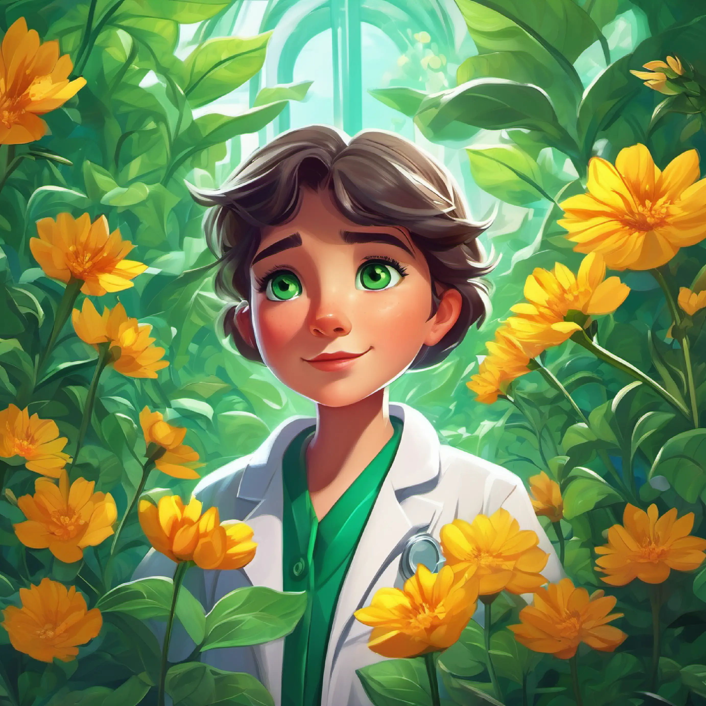 First success of Young botanist, emerald eyes, curious and determined, wears protective laboratory coat's treatment on affected flowers.