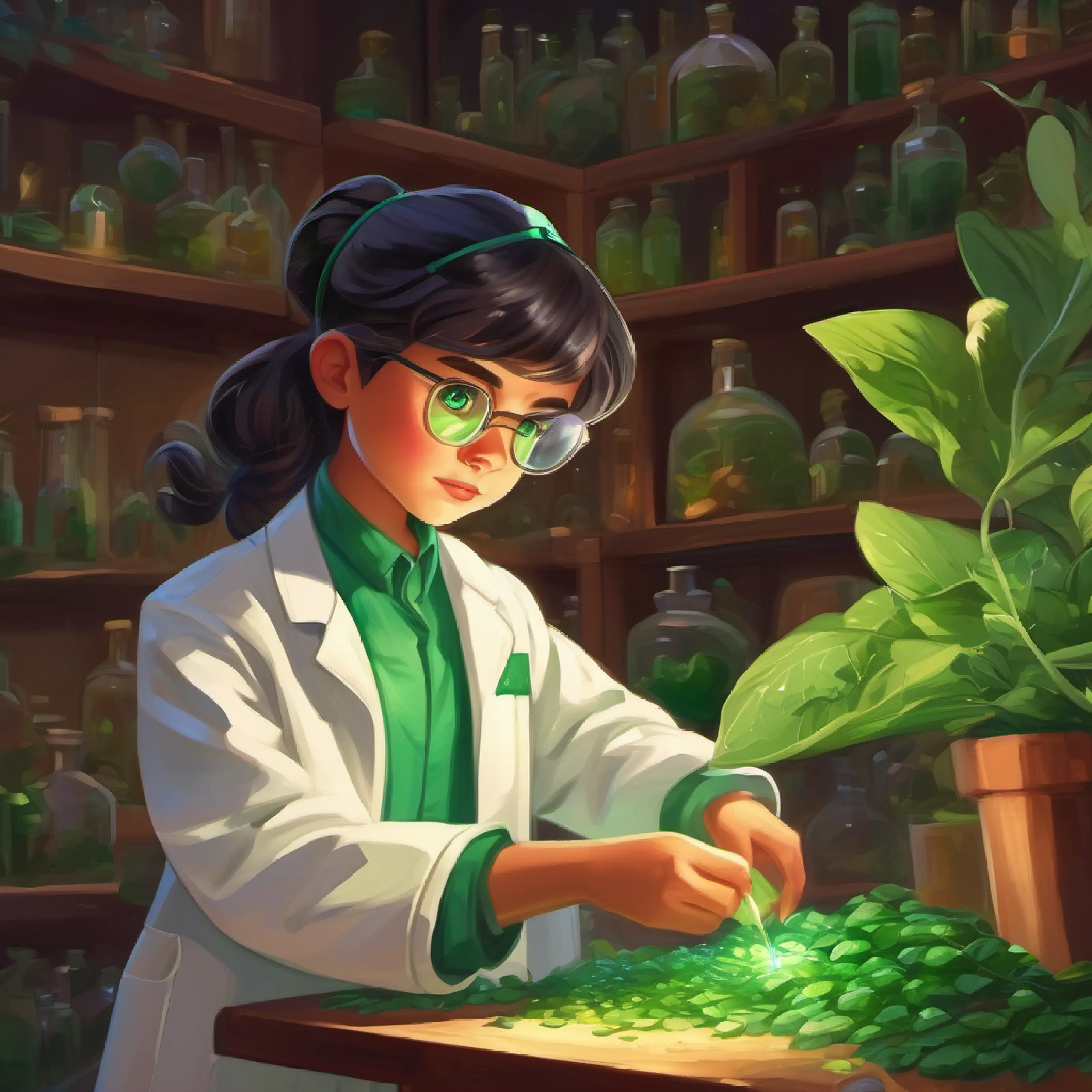 Young botanist, emerald eyes, curious and determined, wears protective laboratory coat dismisses superstition, resolving to uncover the cause scientifically.