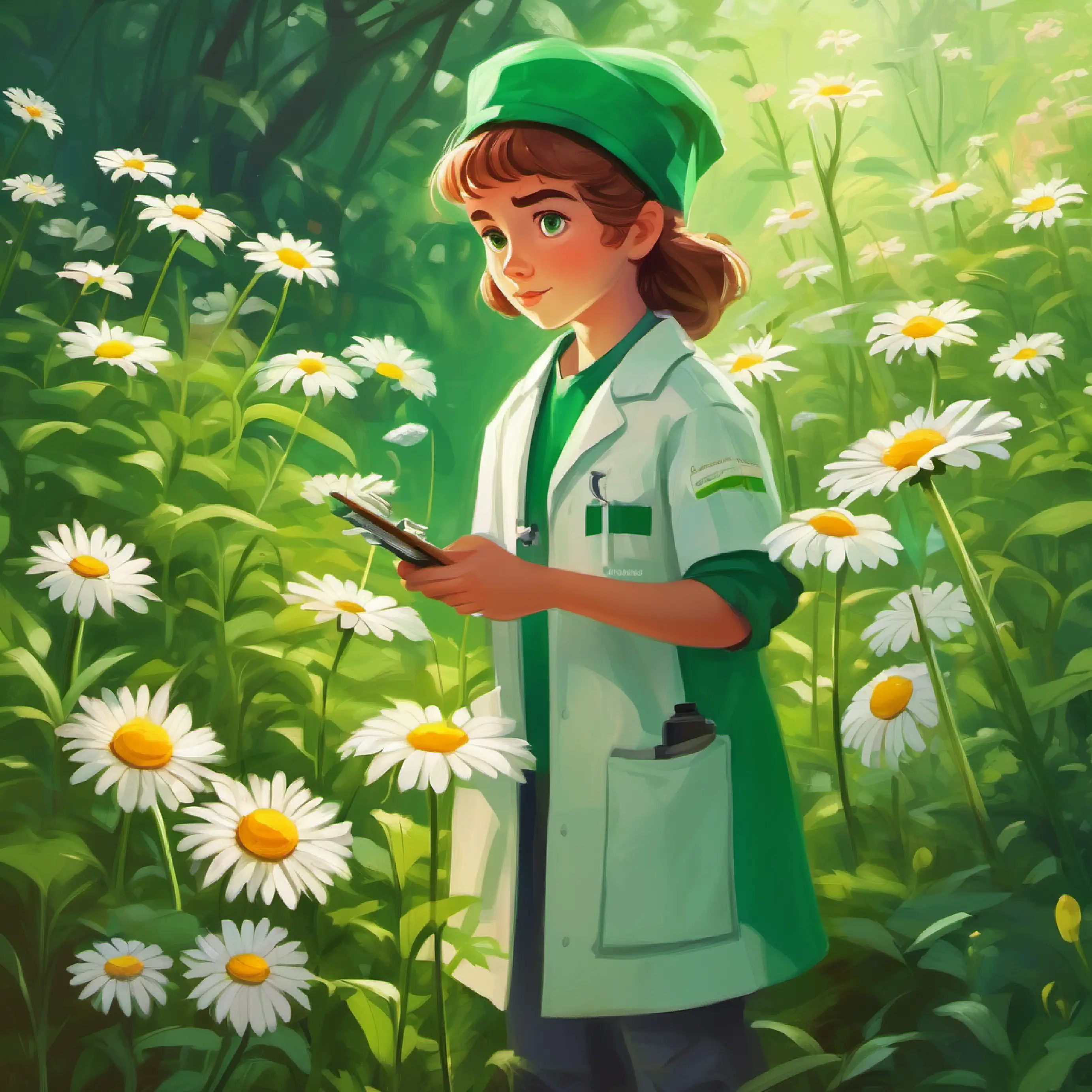 Young botanist, emerald eyes, curious and determined, wears protective laboratory coat collects samples and ponders the daisy's resistance.