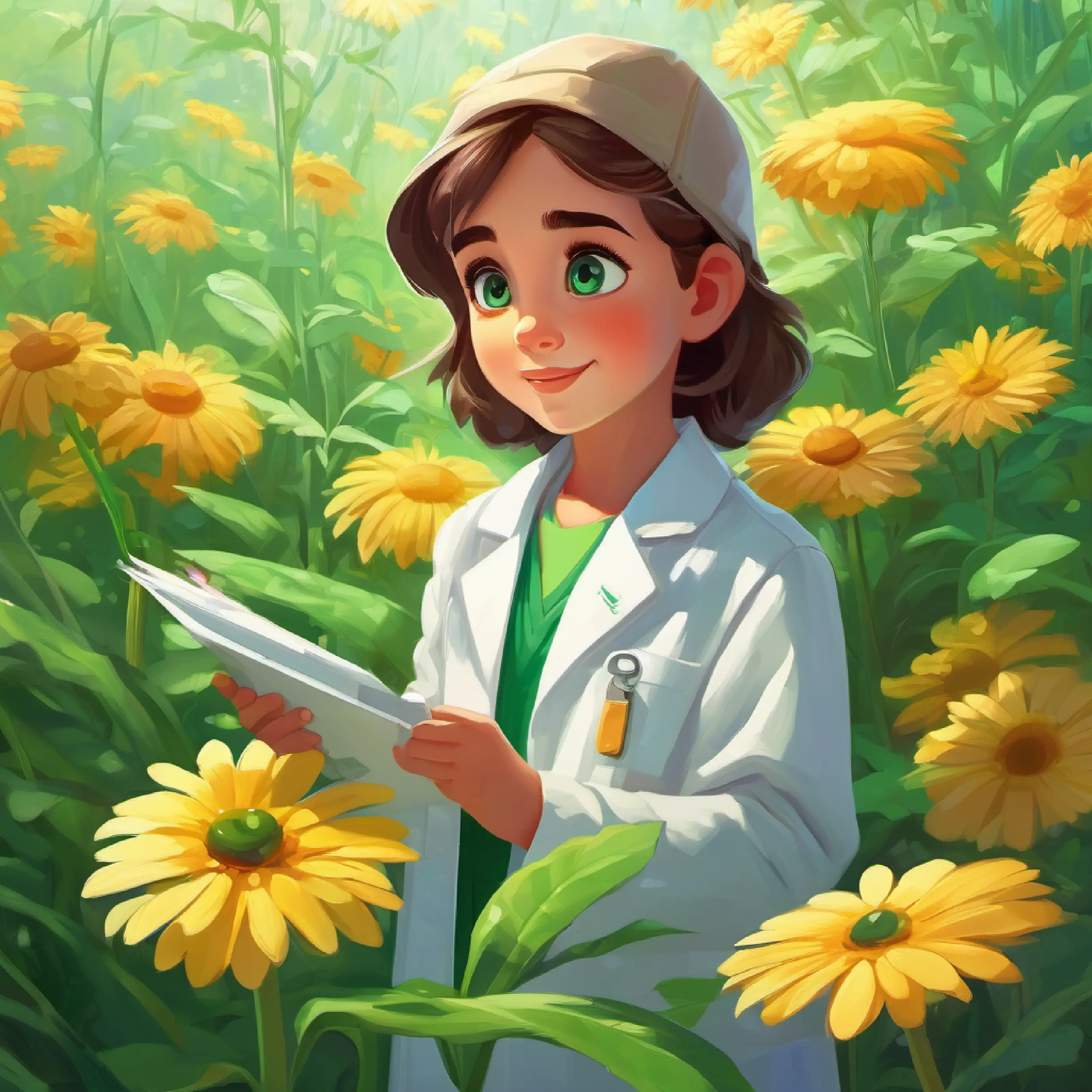 Young botanist, emerald eyes, curious and determined, wears protective laboratory coat's work to understand and utilize the daisy's immune properties.