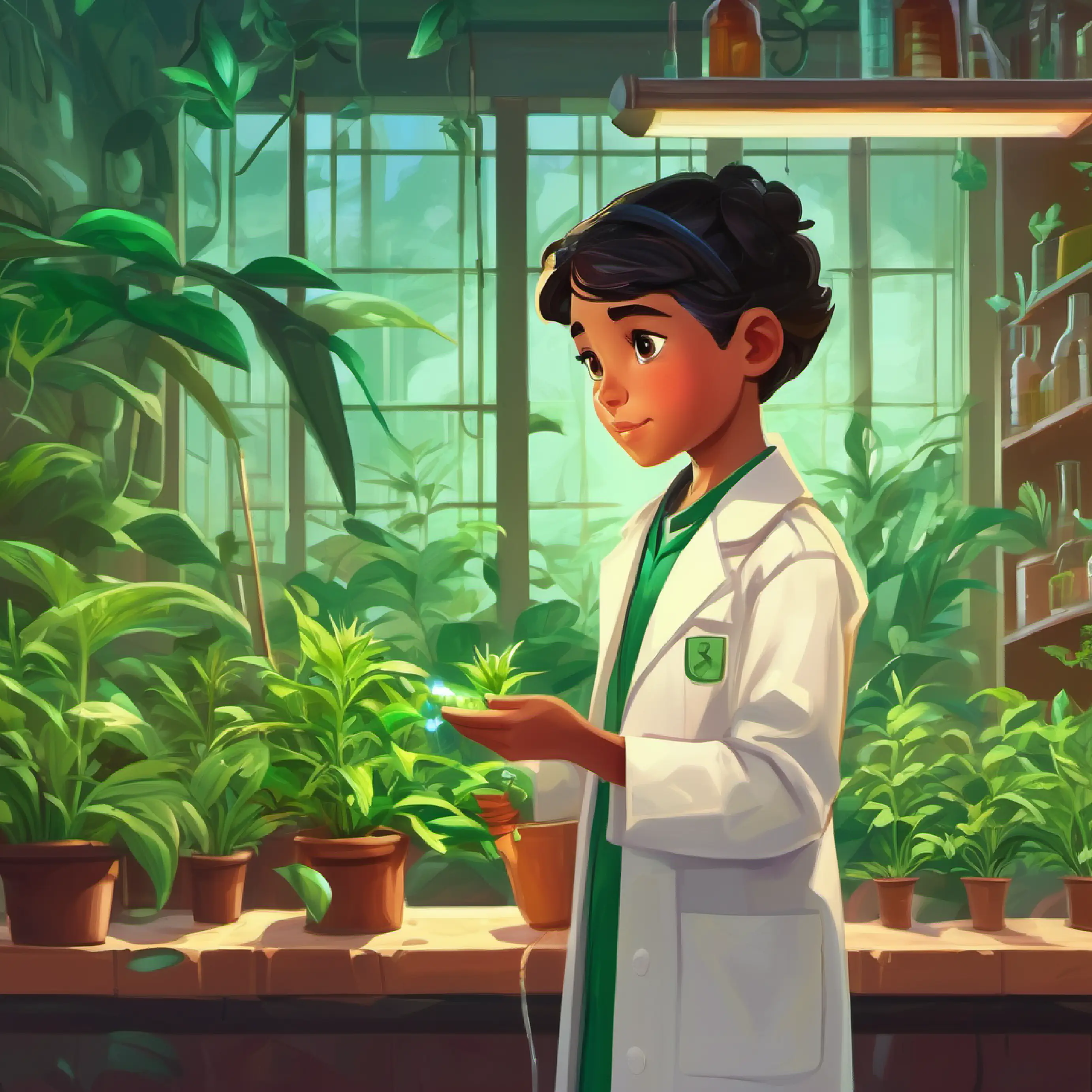 Young botanist, emerald eyes, curious and determined, wears protective laboratory coat's formulation and testing of a potential remedy.