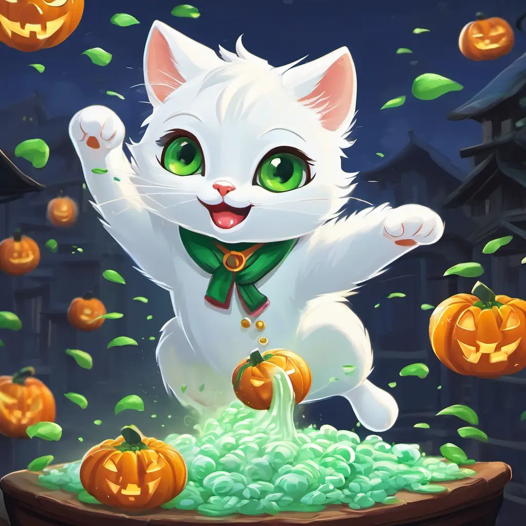 The A white cat with green eyes, playful and mischievous is jumping up and down, trying to get the sticky rice off its paws. It looks funny and playful.