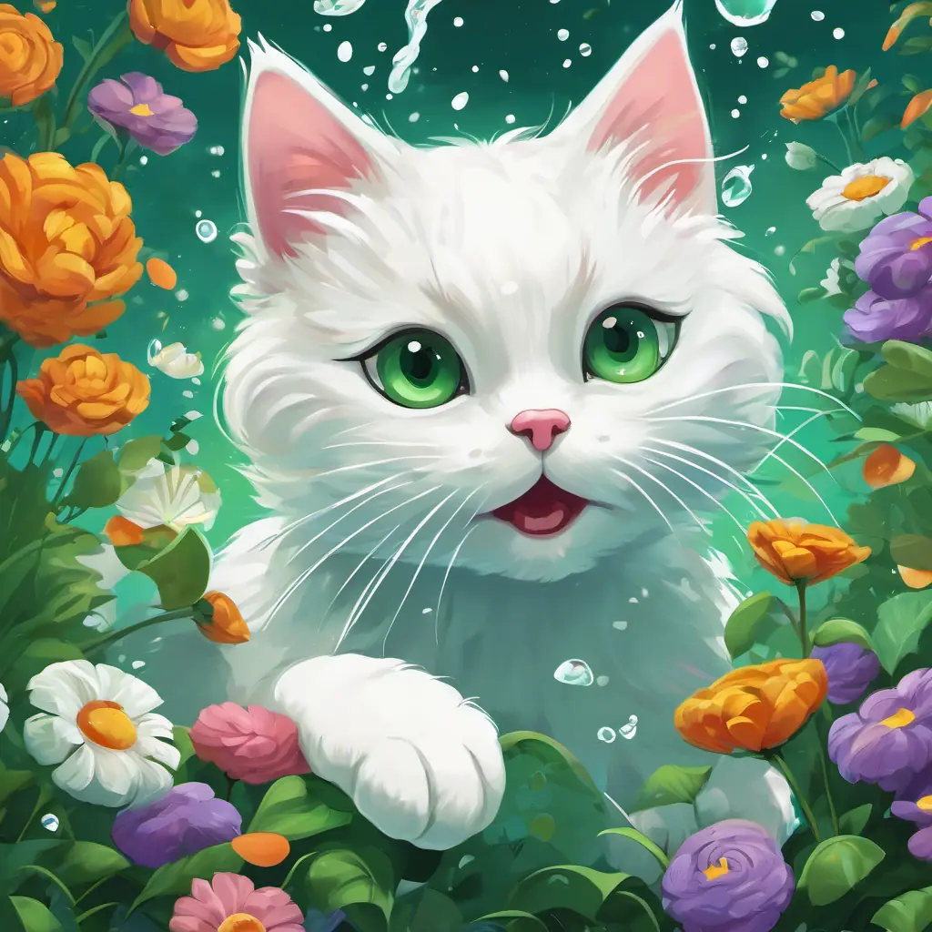 The A white cat with green eyes, playful and mischievous accidentally knocks over a vase of flowers while jumping. There are flowers and water splashing everywhere.