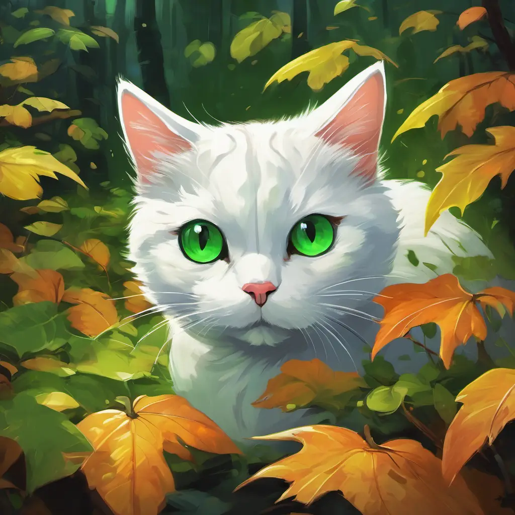 The A white cat with green eyes, playful and mischievous is looking at you with a guilty expression, asking for your help to clean up the mess it made.