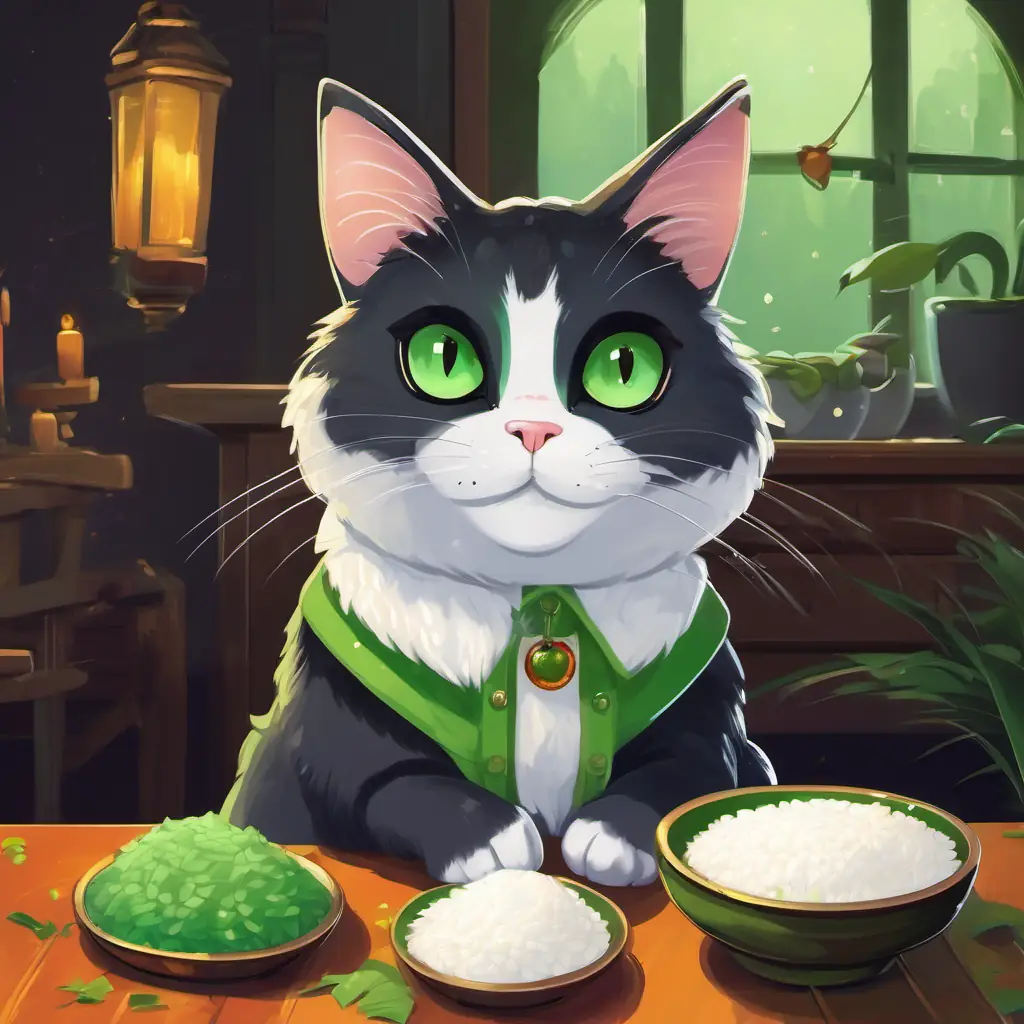 A cat with green eyes, playful and mischievous with white fur and green eyes is sitting on a table. There is a bowl of sticky rice in front of it.