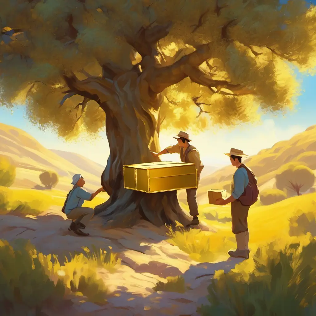 Finding a golden box by an olive tree.